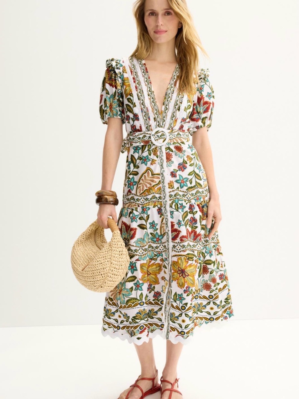 FARM Rio White Midi Dress with Multicolor Floral Print and Belted Waist